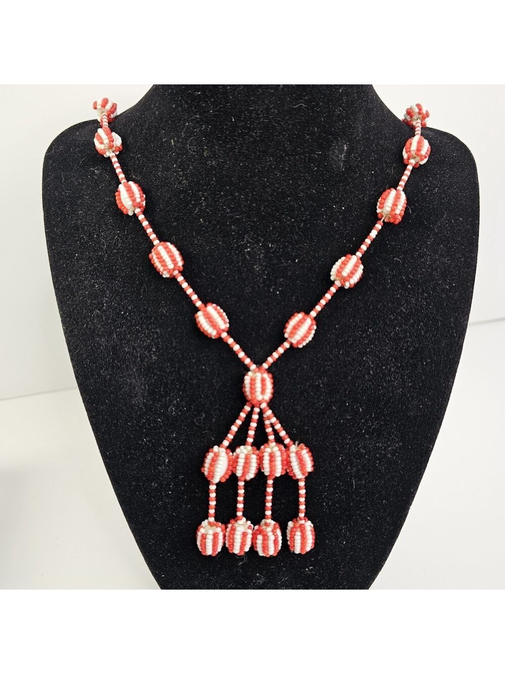 Glass Beaded Vintage Necklace Red White Estimated 1960s-70s Quality Glass Beads